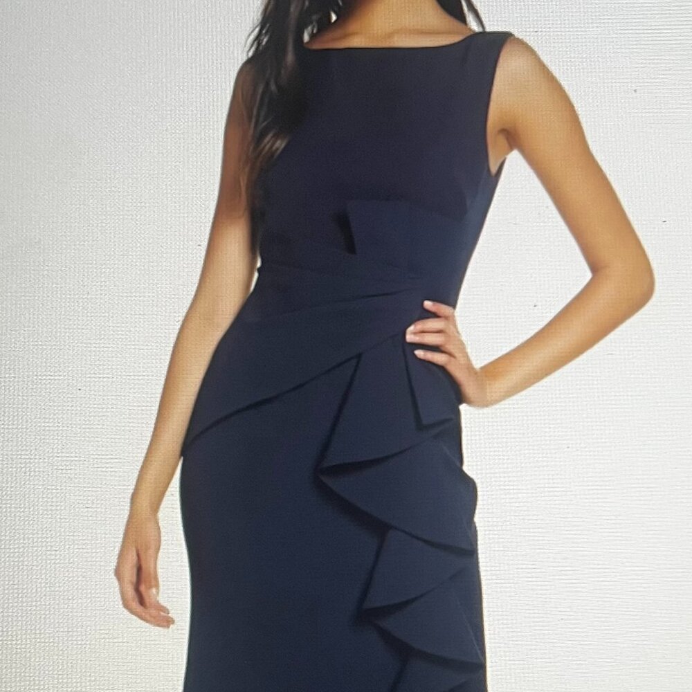 ELIZA J Women’s Size 14 Cascading Sleeveless Ruffle Front Navy Blue Gown Dress